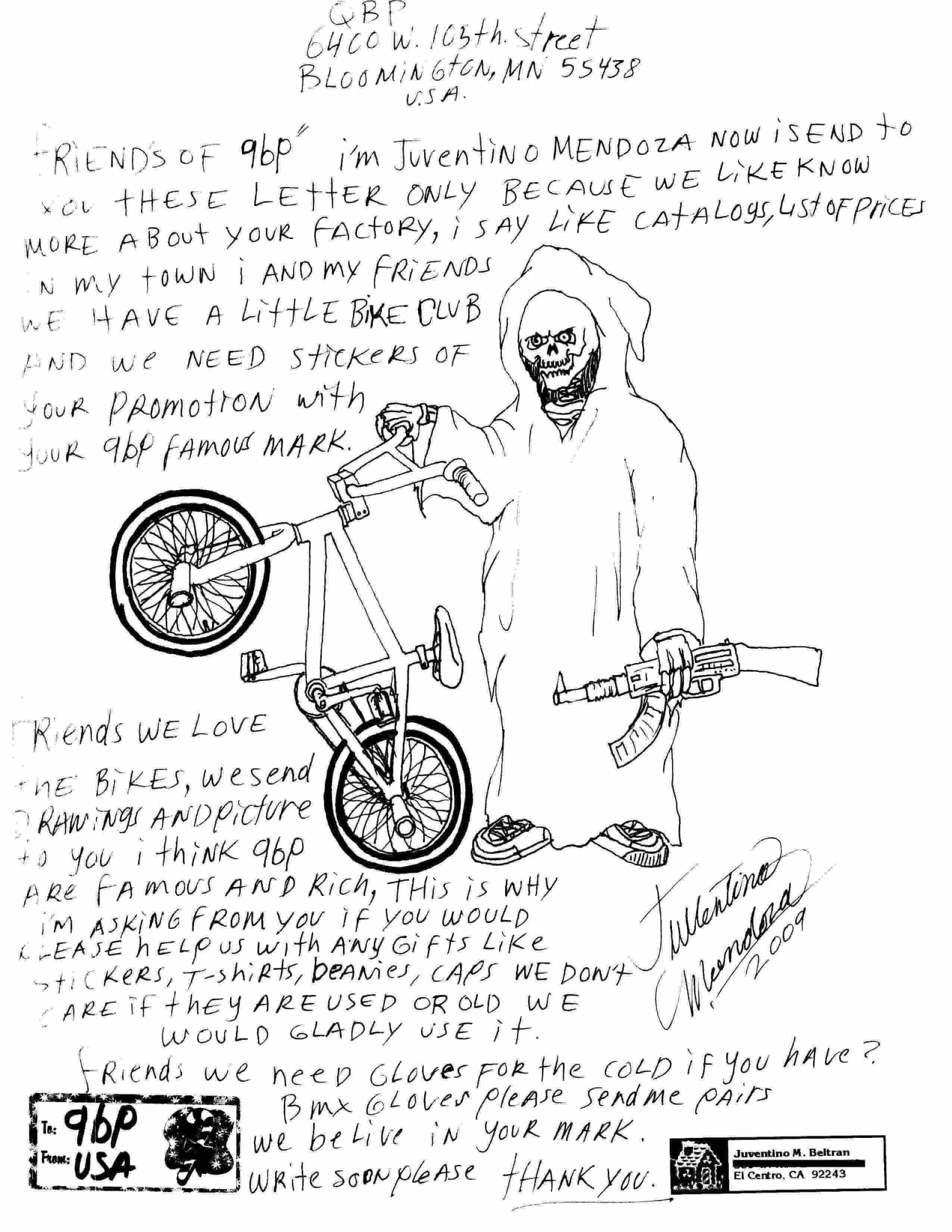 Handwritten letter, in black ink with a drawing of a grim reaper holding a bike and a rifle, on white paper