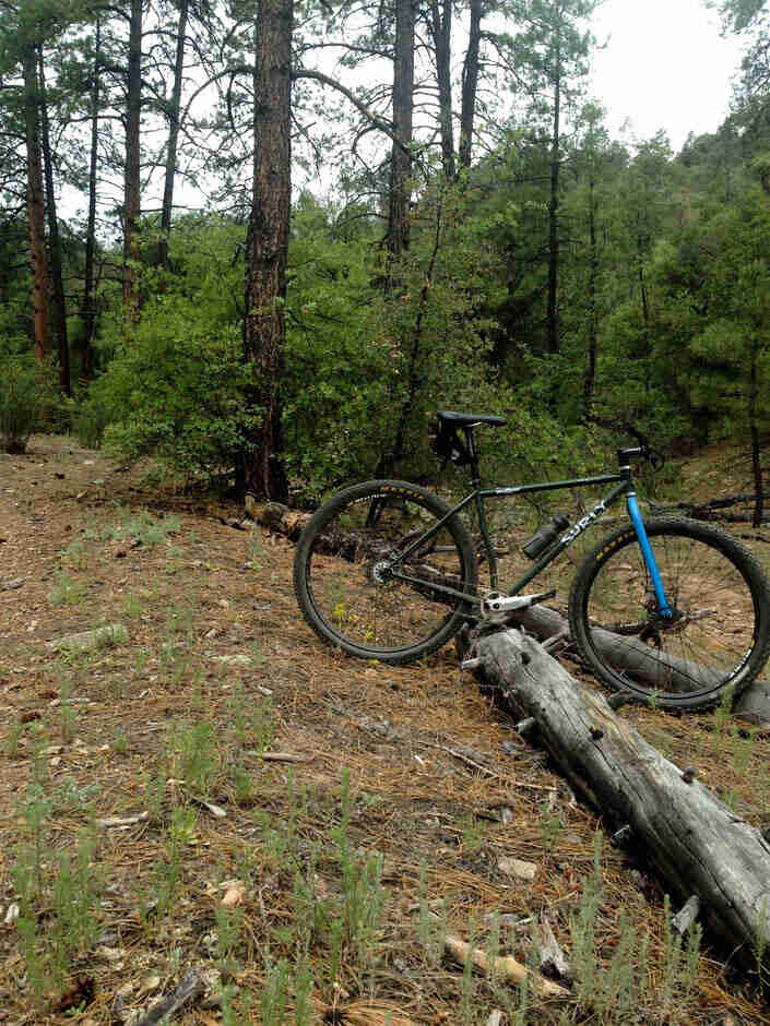 Right side view an olive drab Surly Karate Monkey bike, parked over a log laying on the ground in a forest clearing