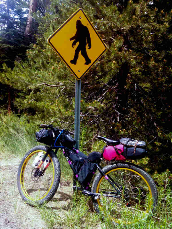 Left side view of a black Surly Krampus bike with gear, parked in the forest, against a road sign with a bigfoot outline