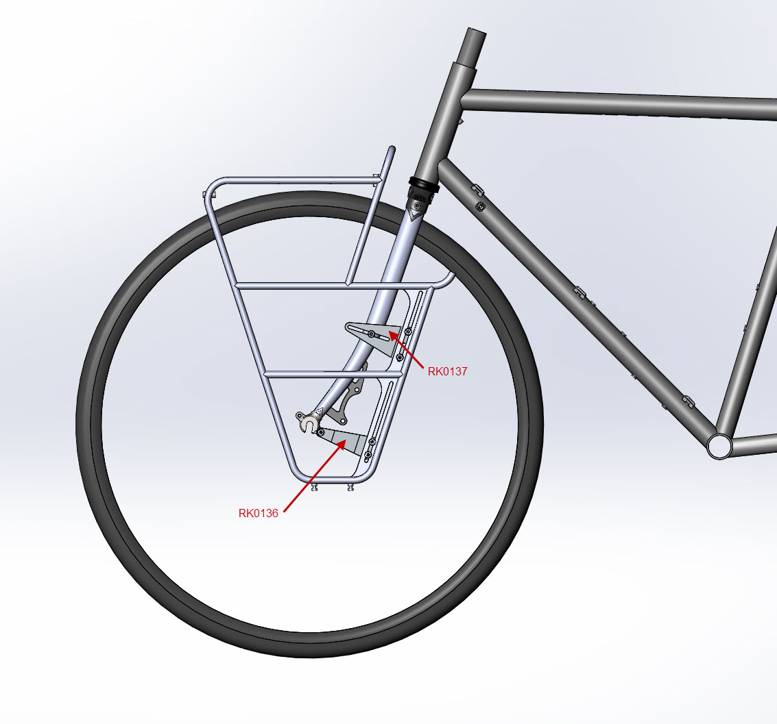 CAD Illustration - Left side view of a Surly Front Rack, mounted - Plate A RK0136 and Plate B RK0137 detail