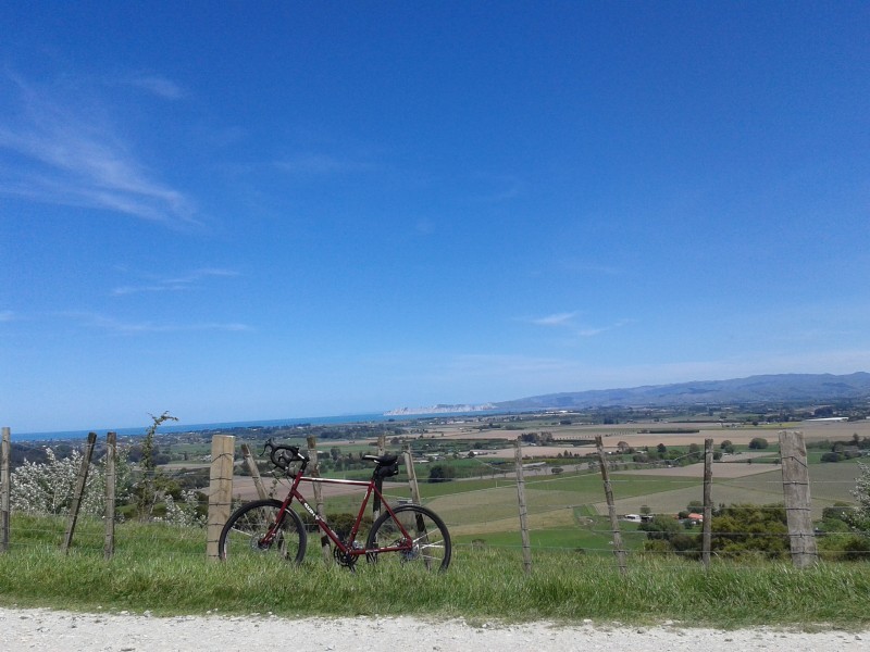 Left side view of a red Surly bike, on a grassy roadside of a gravel road, along a wire fence with farm fields behind it