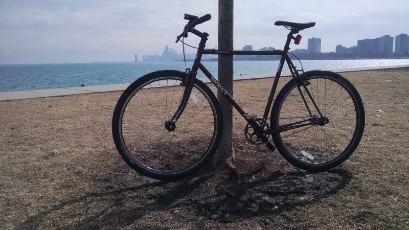Left side view of a black Surly Cross Check bike, leaning on a pole in a grass field, with a city across a bay, behind