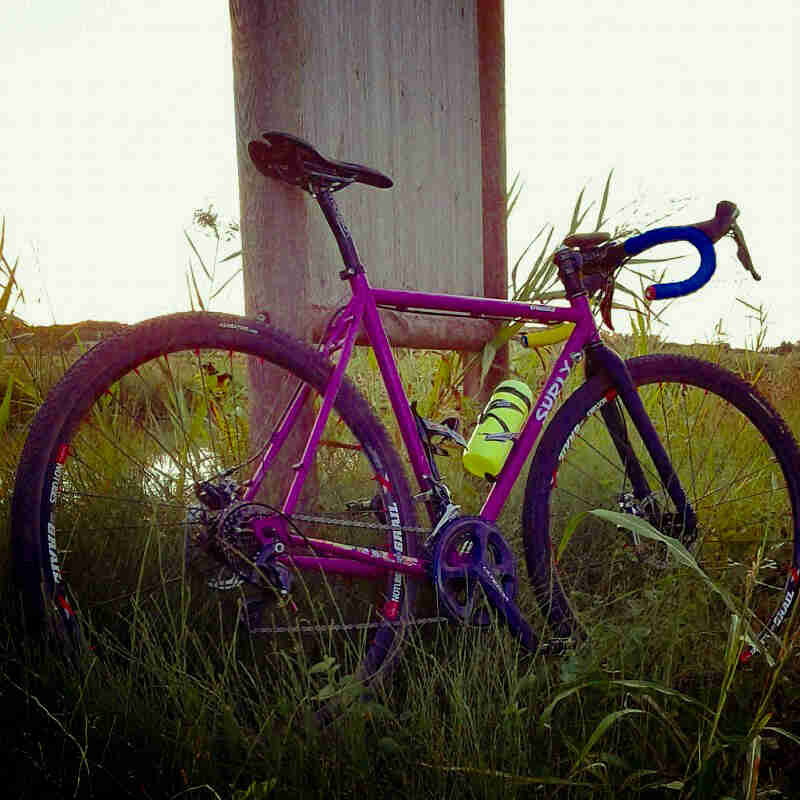 Right side view of a Surly bike, raspberry colored, parked in deep weeds, leaning on a sign post, at dusk