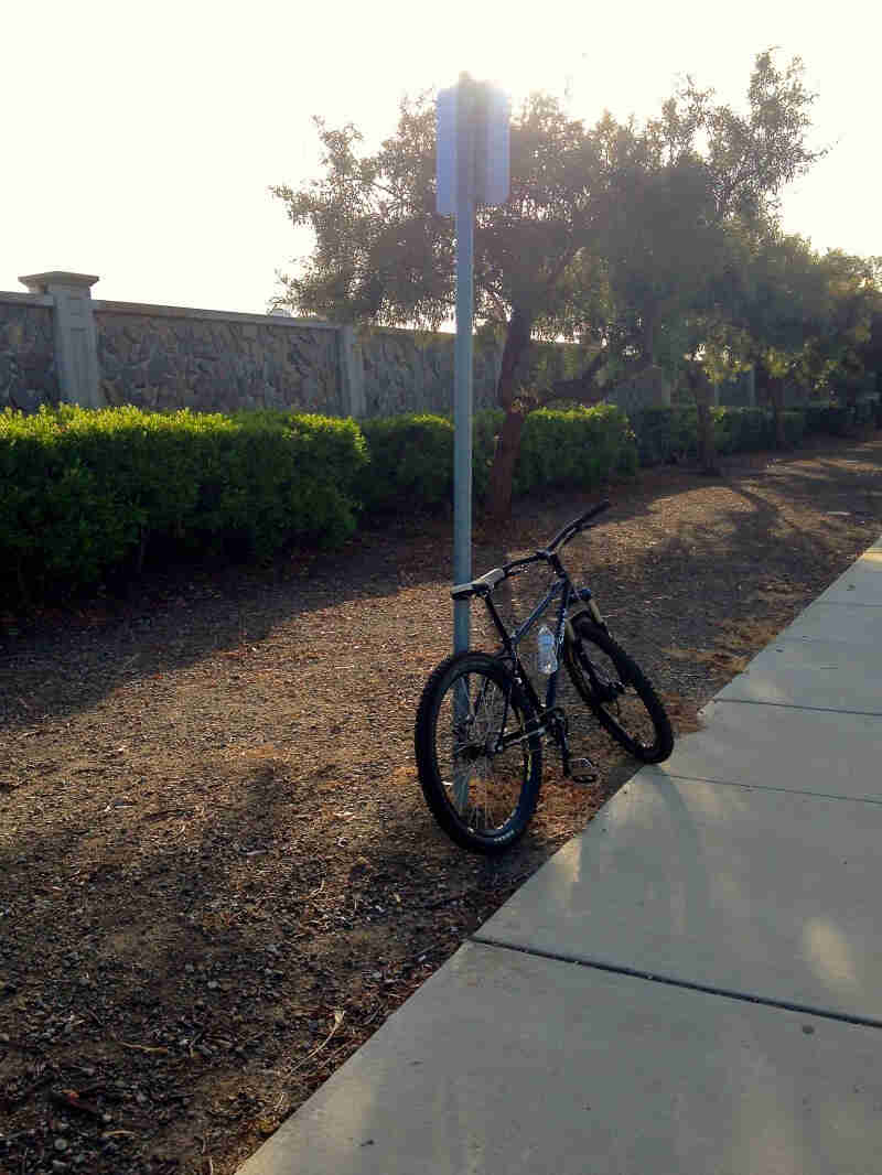 Right side view of a bike parked against a sign post on gravel, next to a sidewalk, with hedges, trees and a wall behind