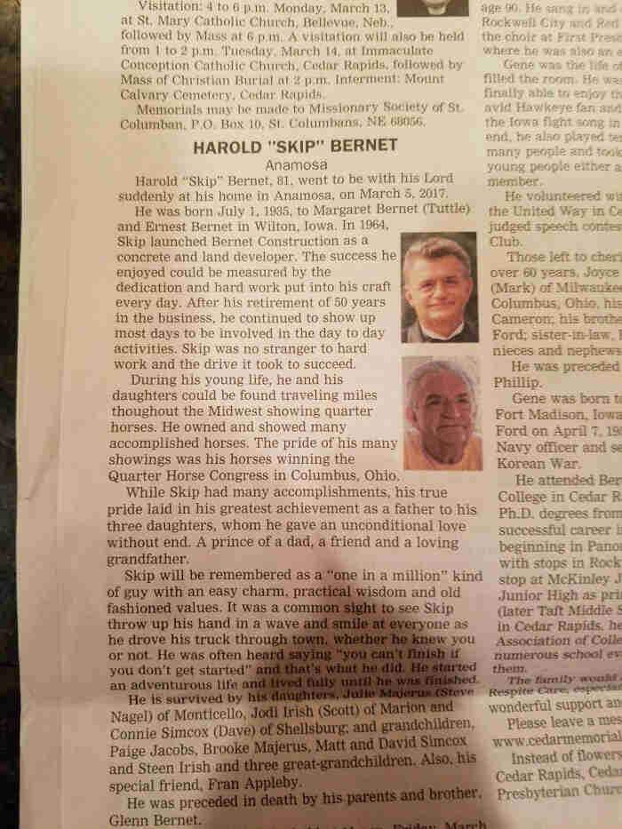 A cropped view of a newspaper with an obituary for Harold, Skip, Bernet