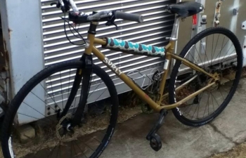 Left side view of an olive drab bike, parked against a steel shed door