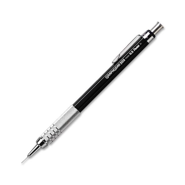 A Pentel Graph Gear 500 pencil  - black and silver - white background - angled downward from right to left