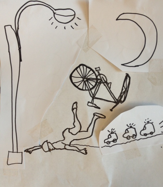 Downward view of a black marker drawing, on white paper, showing a cyclist crashing 