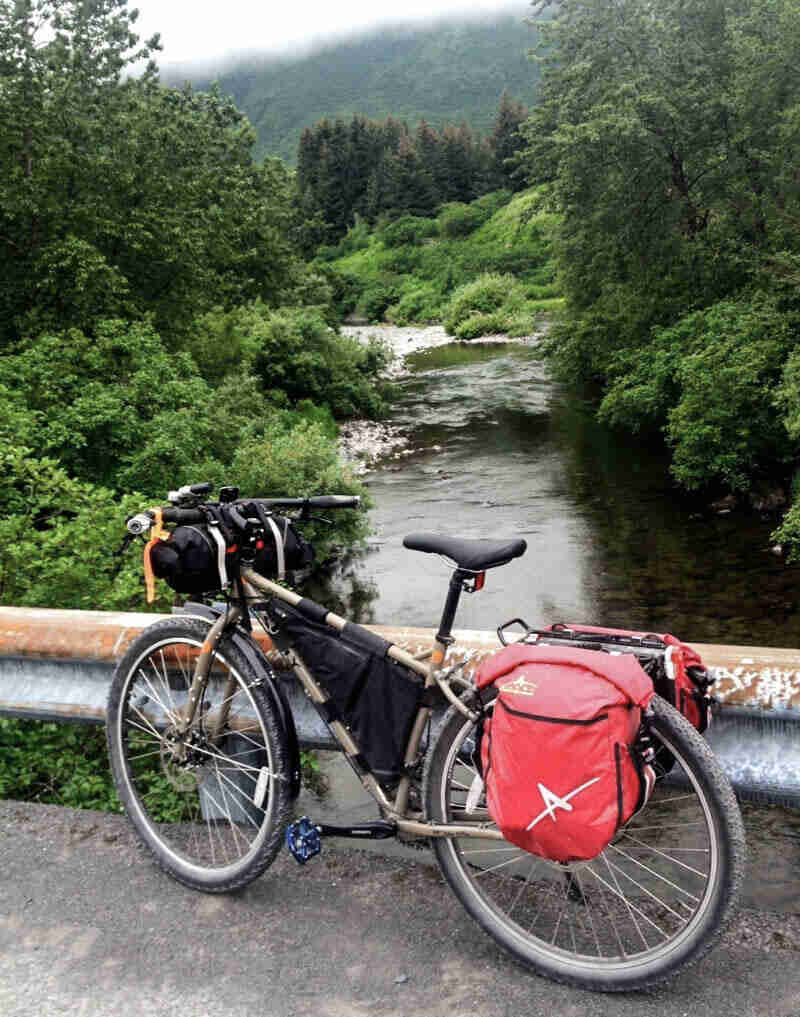 Left view of a tan Surly Ogre bike, loaded with gear, parked on a bridge over a river, with a thick forest in background