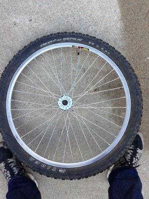 Downward view of a bike wheel, laying flat on concrete ground, between a person's feet