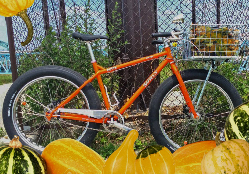 Right profile of an orange Surly Pugsley bike, leaning against a chain link fence - gourd graphics at bottom