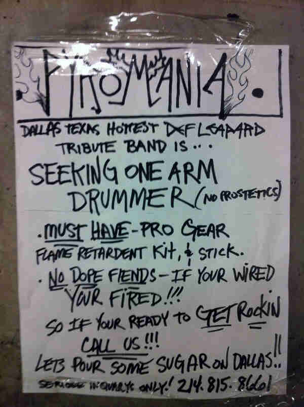 A handwritten flyer, in black ink on white paper, for a band seeking a drummer