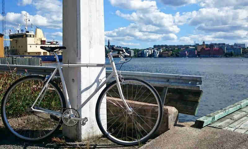 Right side view of a silver Surly Steamroller bike, parked against a post, with a harbor and city in the background