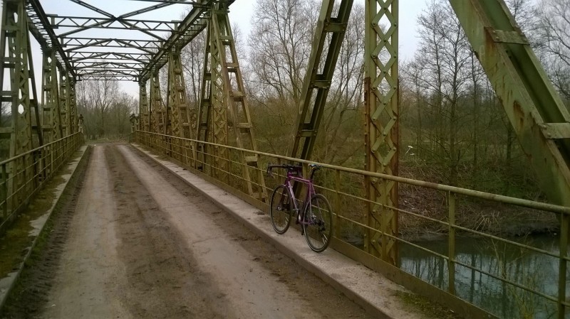 Rear, right side view of a purple Surly Straggler bike, parked against the rail of a bridge with a dirt covered deck