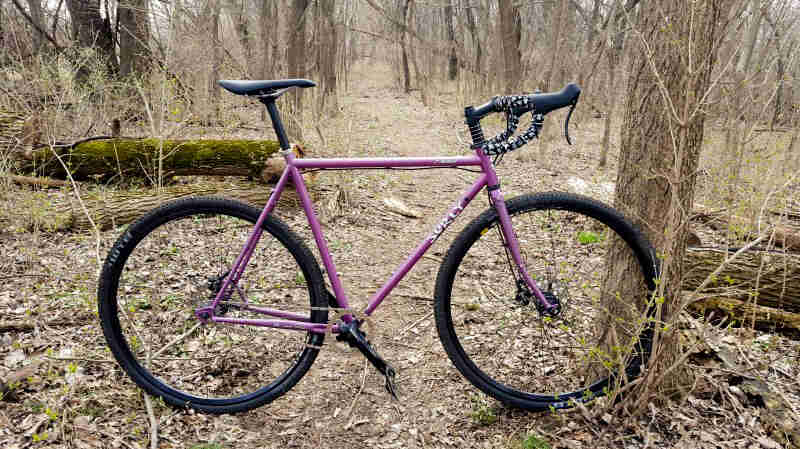 Right side view of a purple Surly Straggler bike, parked across a dirt trail in the woods