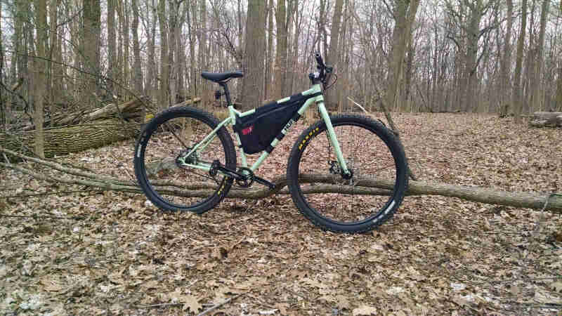Right side view of a mint Surly bike with a frame bag, parked on leaves in a forest
