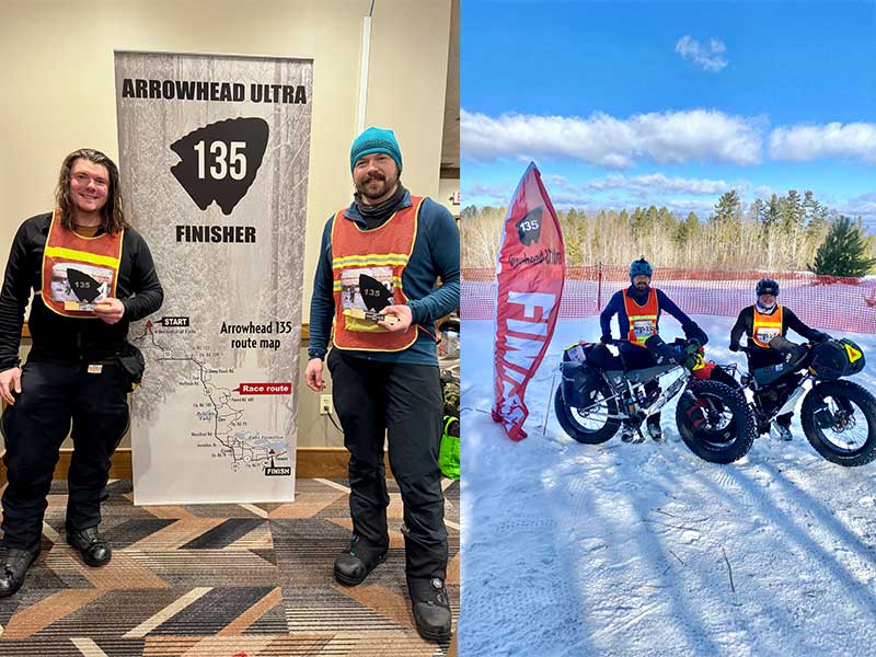 Split image; Price brothers together with Arrowhead 135 finisher trophies, standing together outside with bikes at finish line