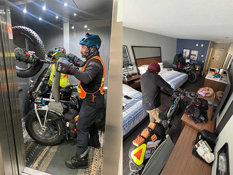 Split image bikes and gear in hotel room, Alex wheeling loaded Surly Moonlander in hotel elevator