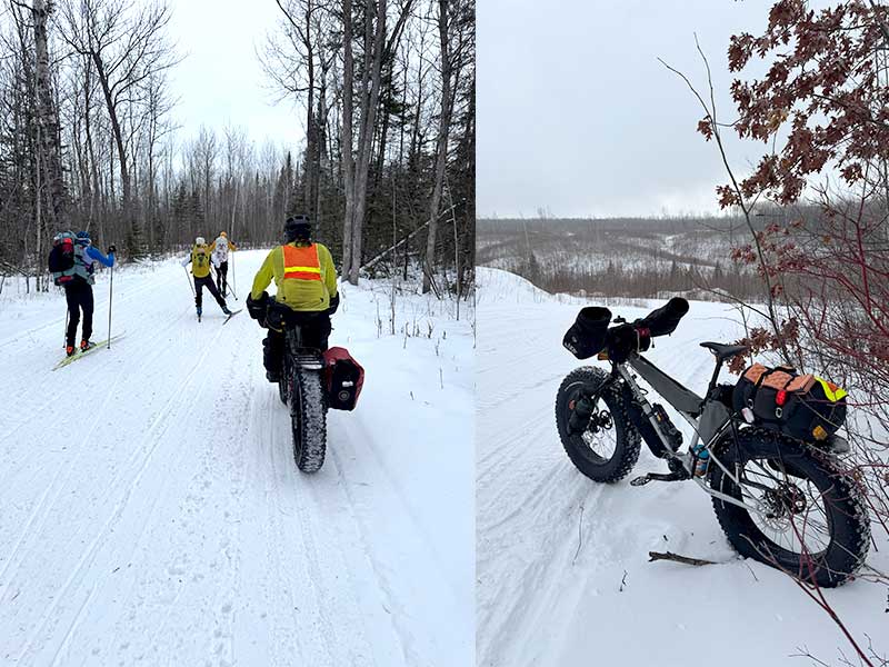 Split image Alex riding on side of trail while XC skiers pass, Surly Moonlander fat bike loaded on side of trail