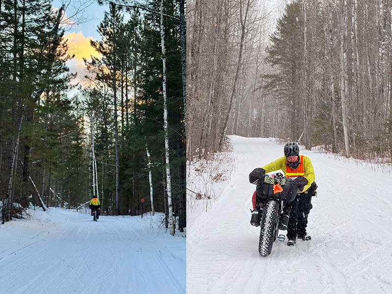 Split image of Ian riding on Arrowhead 135 trail, Ian pushing loaded Surly Moonlander up hill in snow