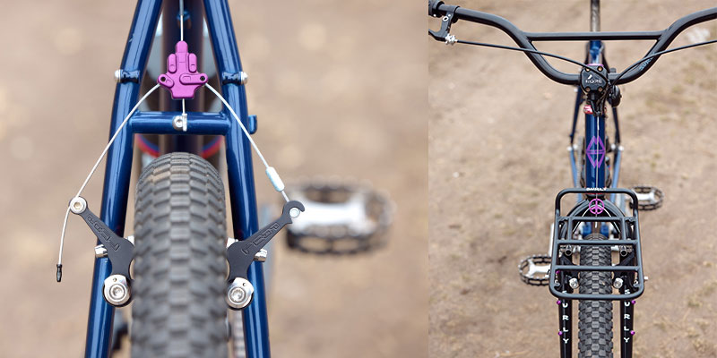 Split image showing purple annodized rear brake cable carrieer, and front brake, front rack