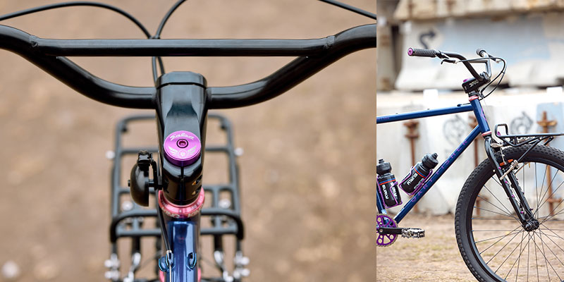Split image; close-up of headset, stem, bell, and handlebar, side view of front end of bike