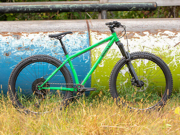 Surly Karate Monkey bike with suspension fork, green color, parked in tall grass