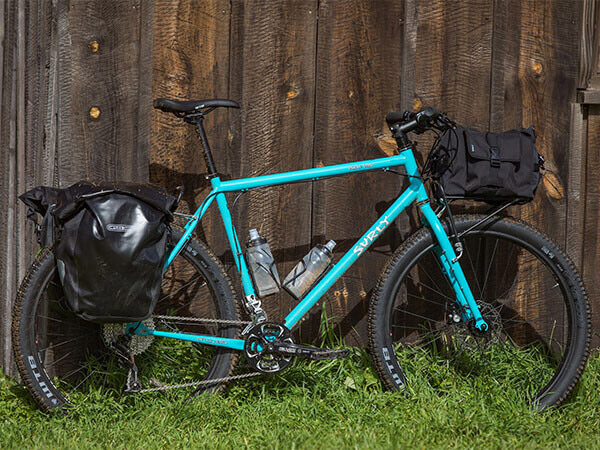 Surly Bridge Club bike loaded with rear pannier bags, front rack with front bag