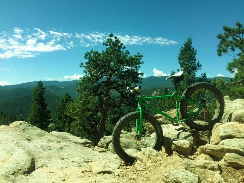 Left side view of a green Surly fat bike, parked on a rocky ledge, with trees and mountains in the background