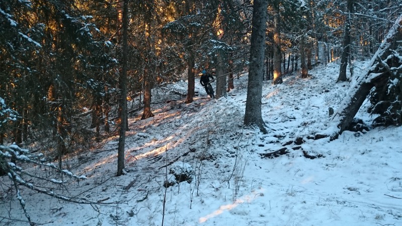 Front view of a cyclist, riding a Surly Krampus bike, down a snowy trail in the forest