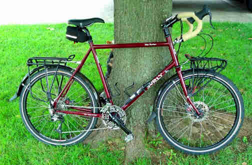 Right side view of a red Surly Disc Trucker bike, leaning against the base of a tree, in a grassy area