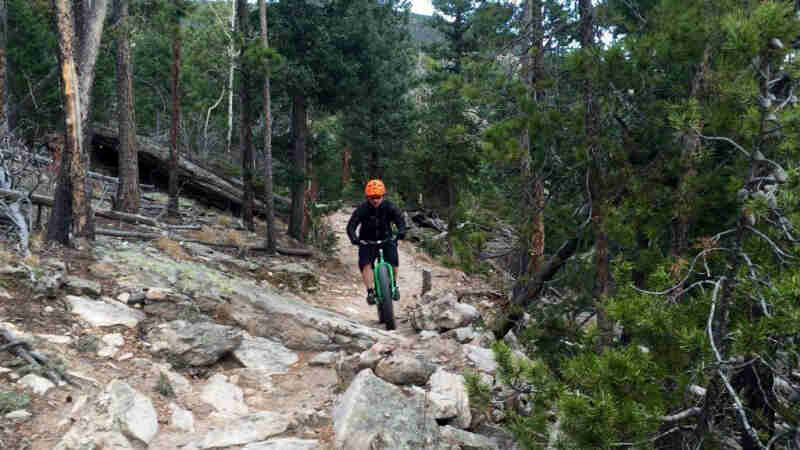 Front view of a cyclist riding down a rocky trail in a mountain forest
