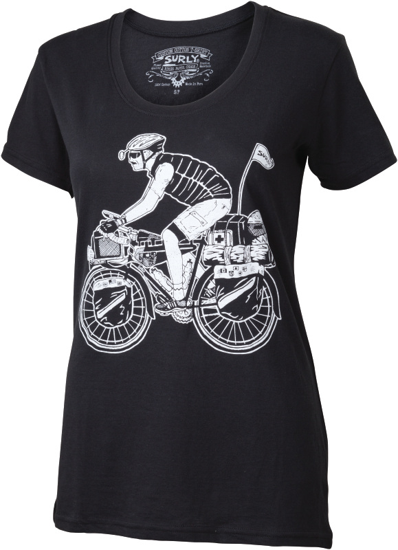 Surly t-shirt with a drawing of a cyclist on bike loaded with gear - women's - black - front view