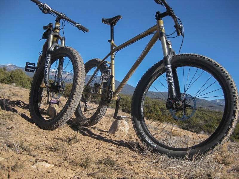 Front view of 2 Surly Instigator bikes, parked side by side in a desert field, with mountains in the background