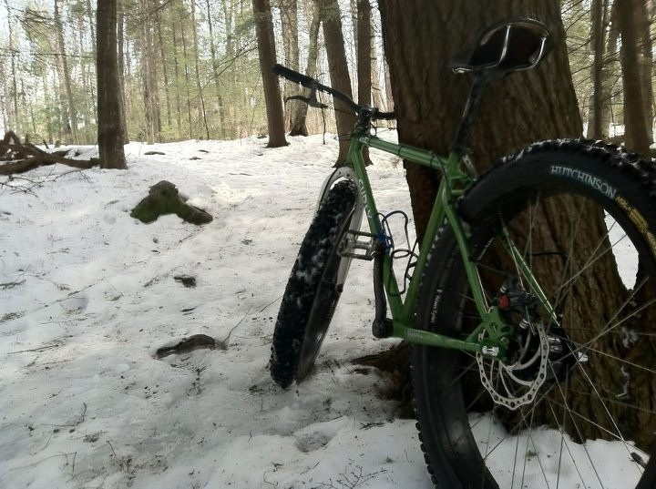 Rear, left side view of a green Surly 1x1 bike, leaning against a tree next to a trail, in a snow covered forest