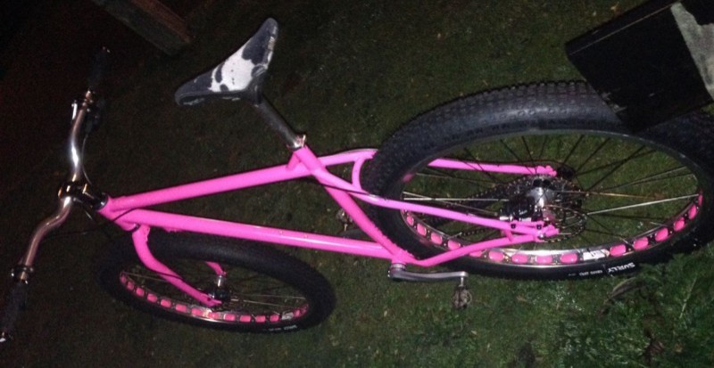 Rear view, left side of a pink Surly Krampus bike, in a grassy area at night
