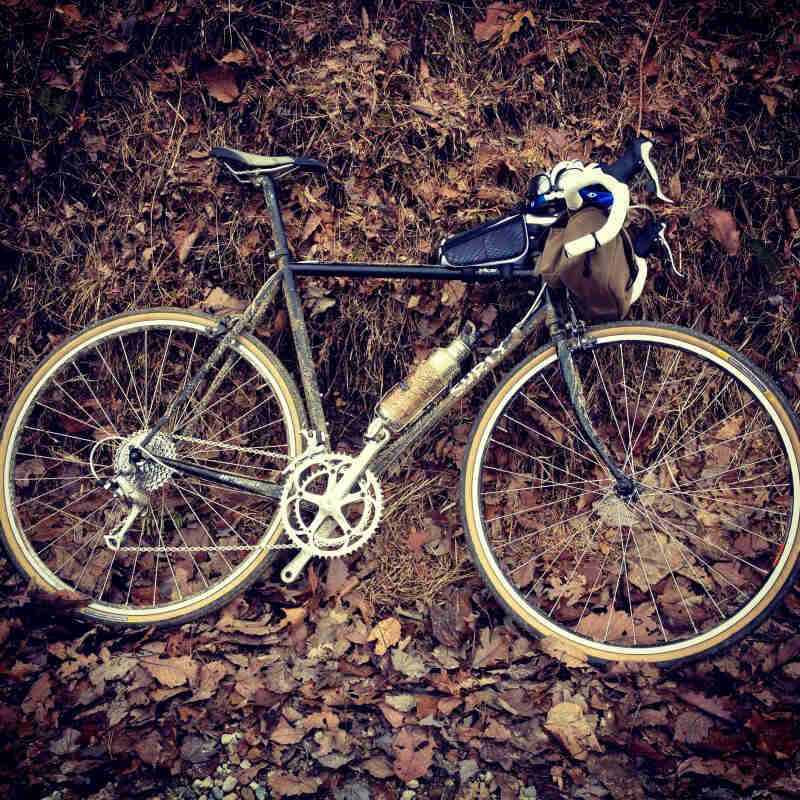 Right side view of a dirty, black Surly bike, parked in leaves against a grassy hill