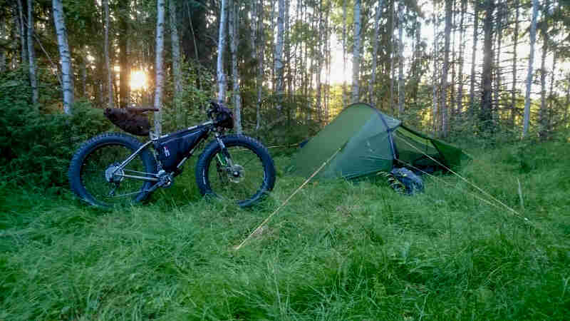 Right side view of a fat bike, loaded with gear, parked in grass next to a tent, with a forest in the background
