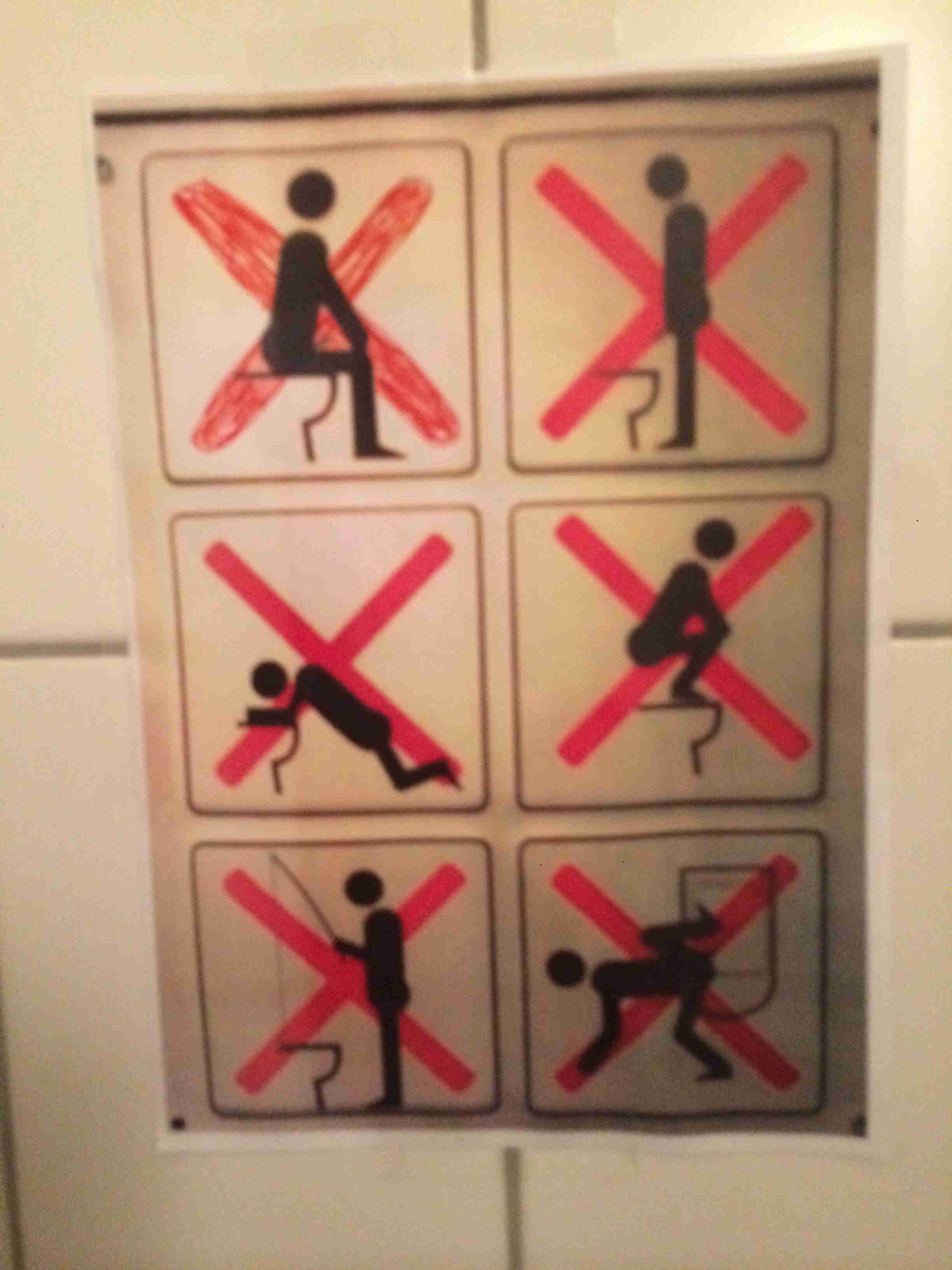 A sign with 6 different graphic blocks with red X's over them, showing people in multiple positions on a toilet