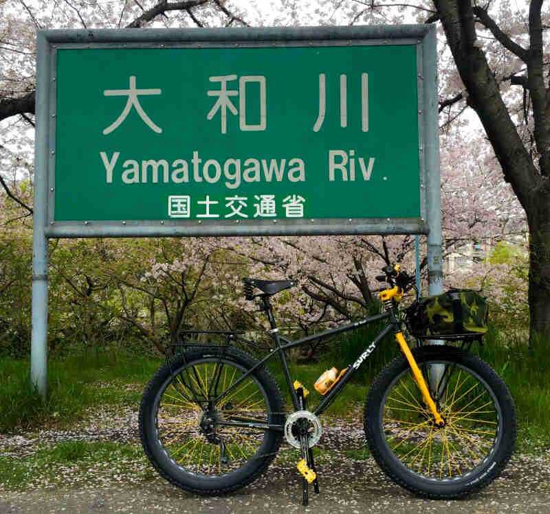 Right side view of a black Surly Troll bike, parked in front of sign, with cherry blossoms in the background