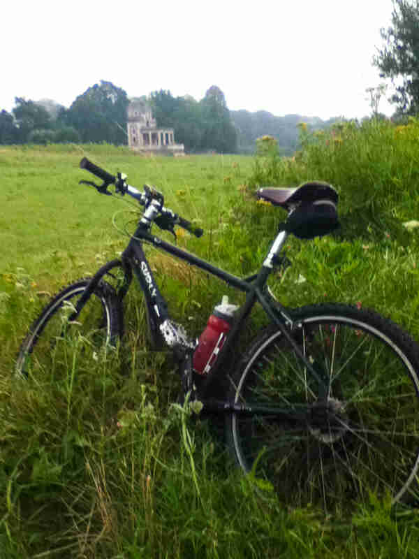 Right side view of a black Surly Troll bike, leaning on weeds in a grass field with a house in the background
