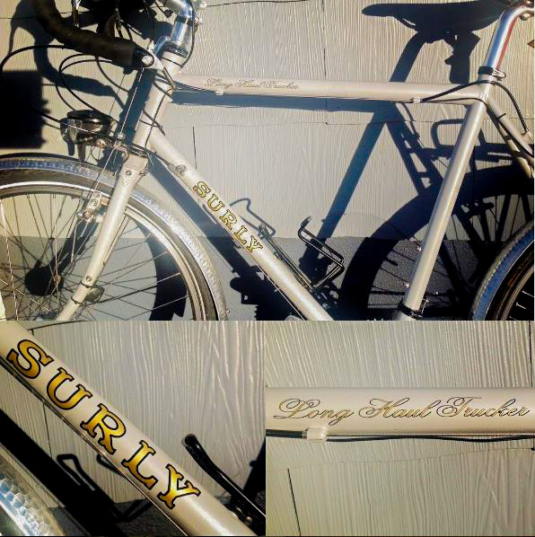 3 part image of a Surly Long Haul Trucker bike, with cropped areas of portions of the bike