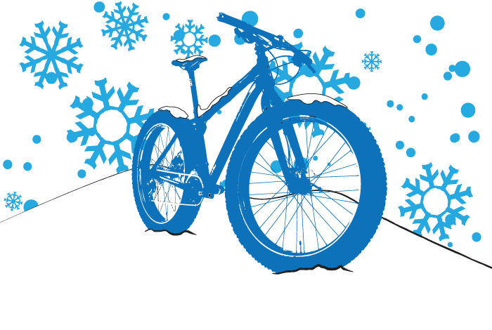 Graphic illustration of a blue fat bike on a snow hill, with blue, decorative snow flakes, against a white background