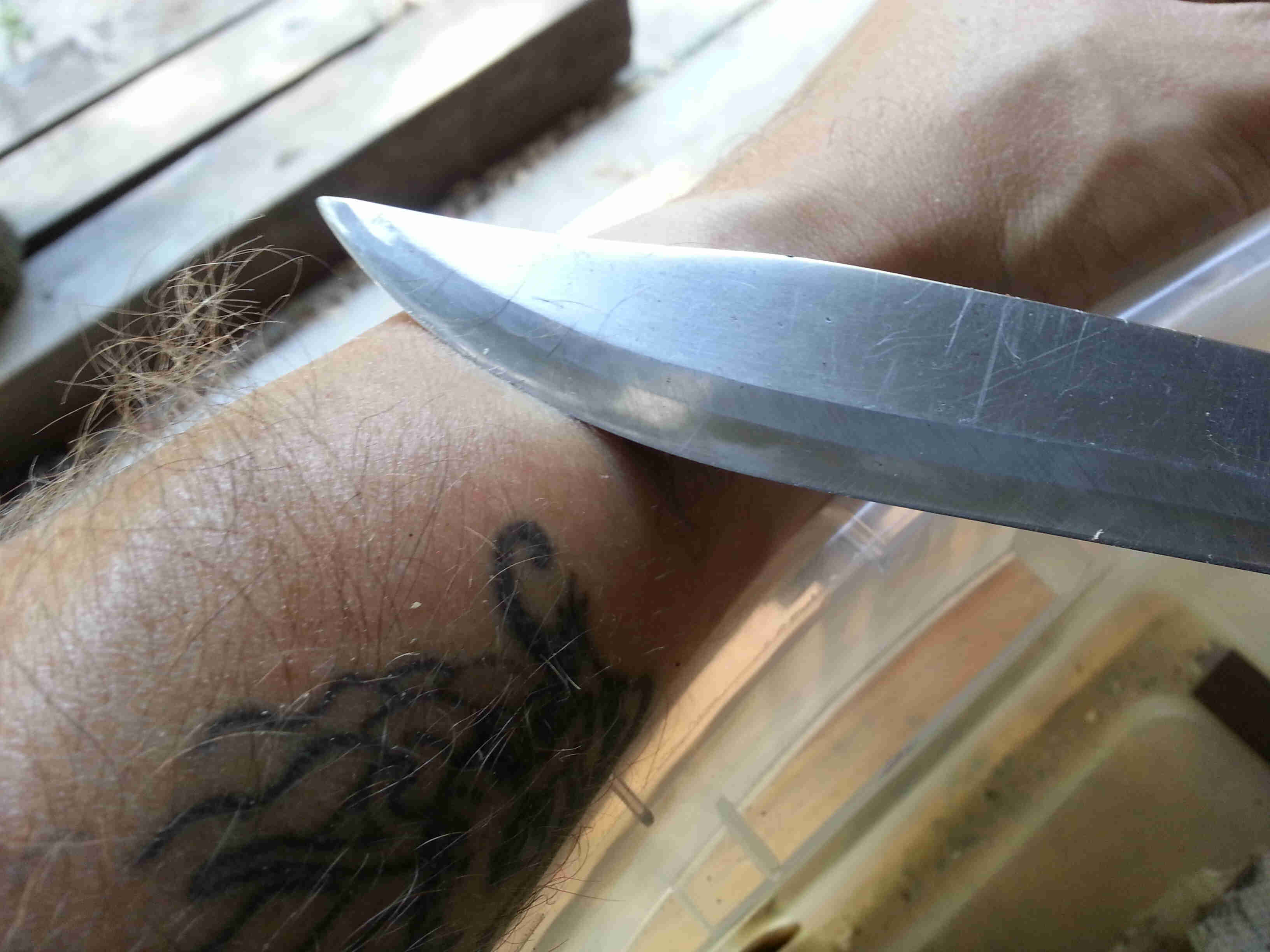 Downward view of a knife blade, shaving hair from a person's arm