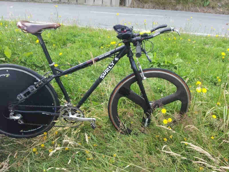 Right side view of a black Surly Karate Monkey parked on a small, grassy hill, with a paved street below, in background