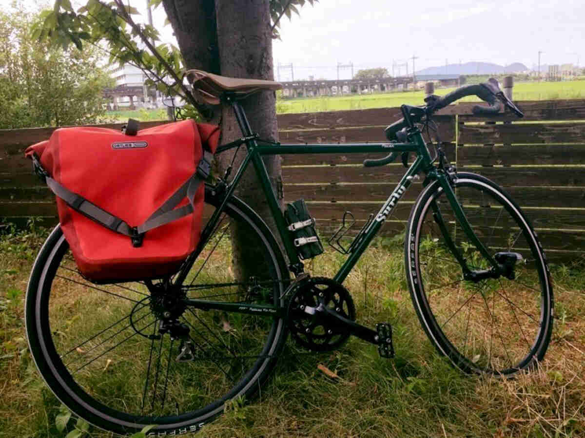 Right side view of a green Surly Pacer bike, with red, rear saddle bags, parked against a tree, in front of a wood fence