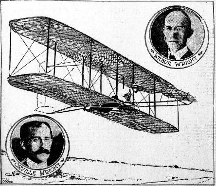 A black & white print, showing a bi-plane with a portraits of Wilbur Wright on top and Orville Wright on the bottom