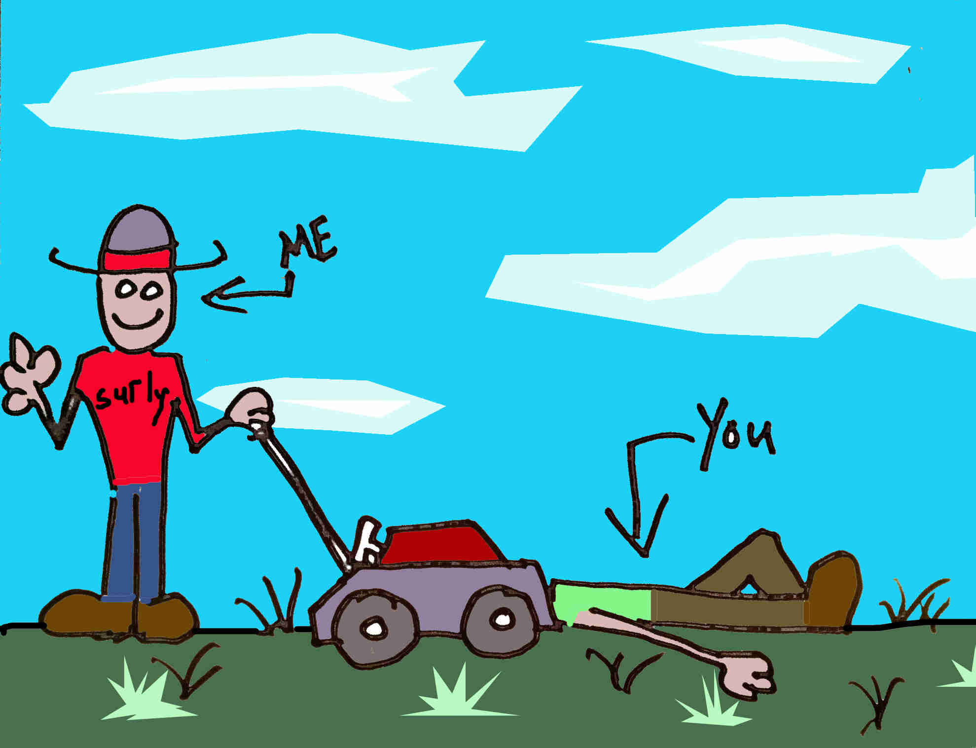 Color cartoon illustration of a person in a Surly t-shirt, standing with a lawnmower, over another person's head