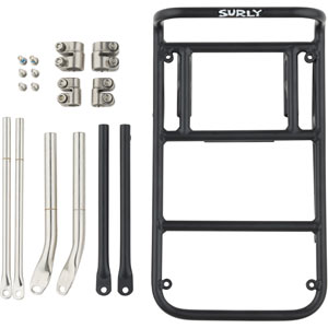Surly 8-Pack Rack 2.0 Black parts disassembled on white background
