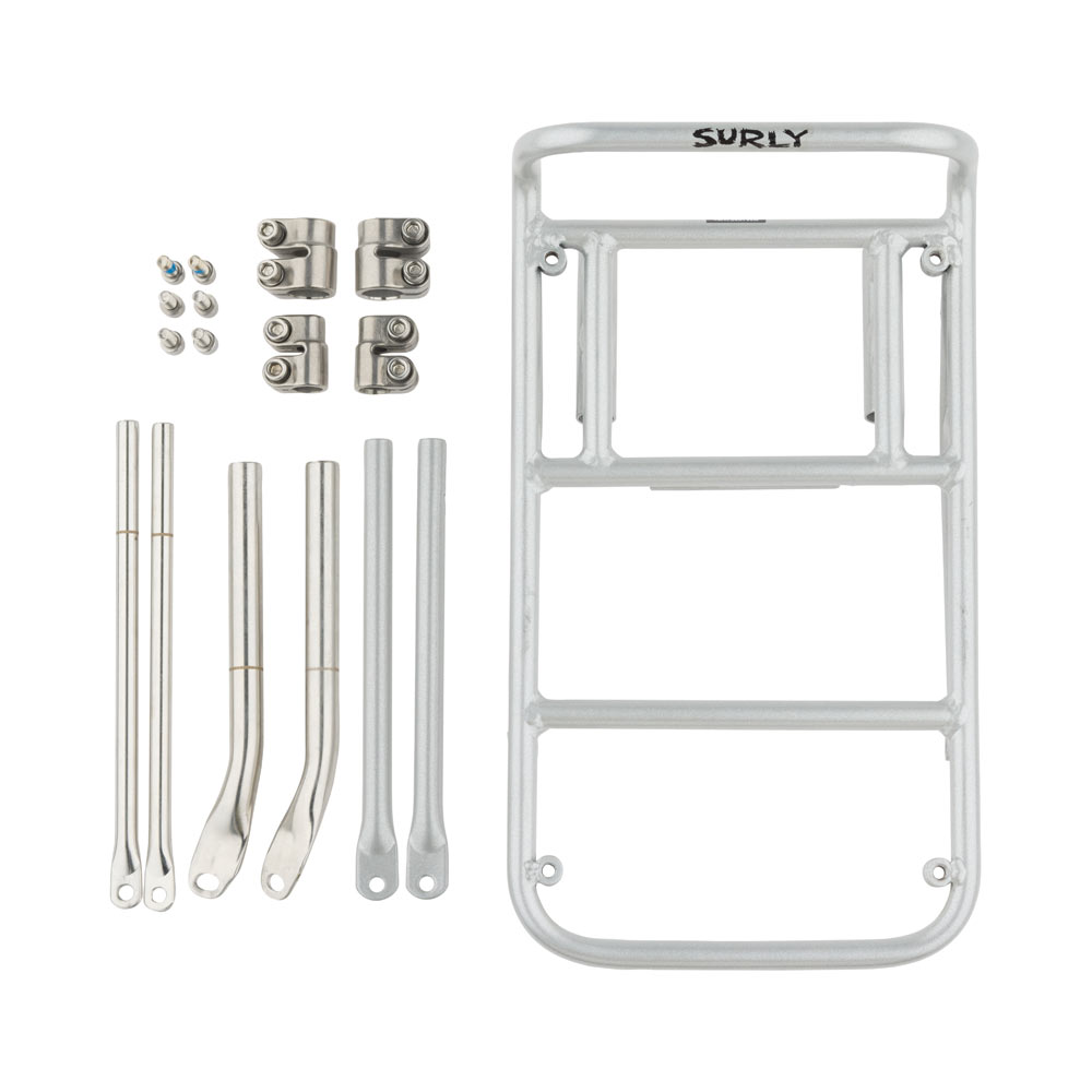 Surly 8-Pack Rack 2.0 Silver parts disassembled on white background